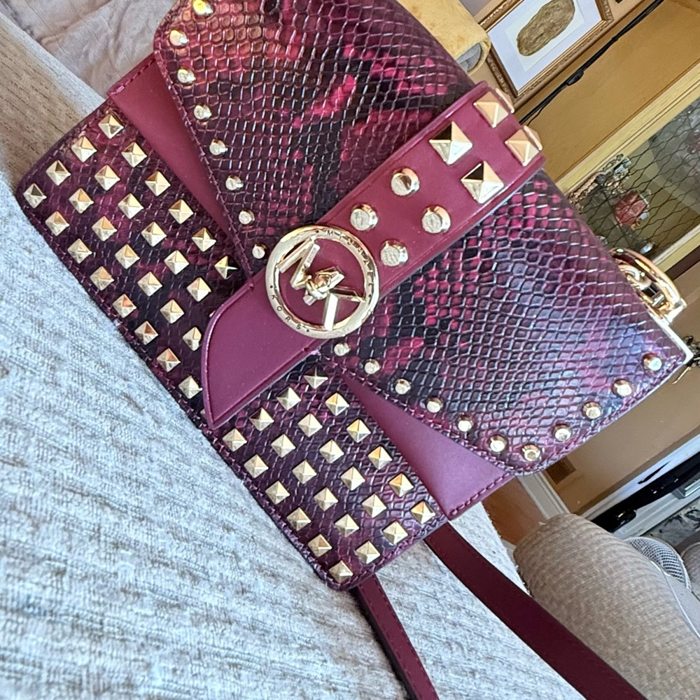 Michael Kors Burgundy and Gold Studded Crossbody Bag - Picture 2 of 9